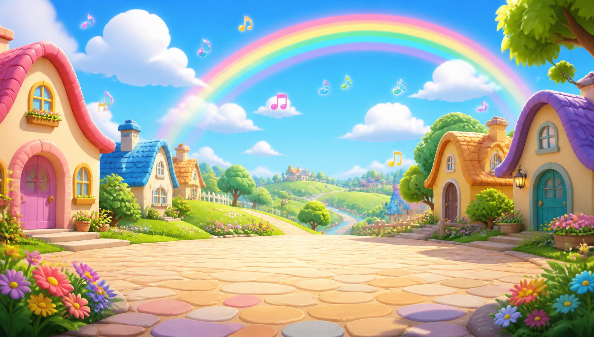 Tiny Tune Town village with a rainbow and floating music notes